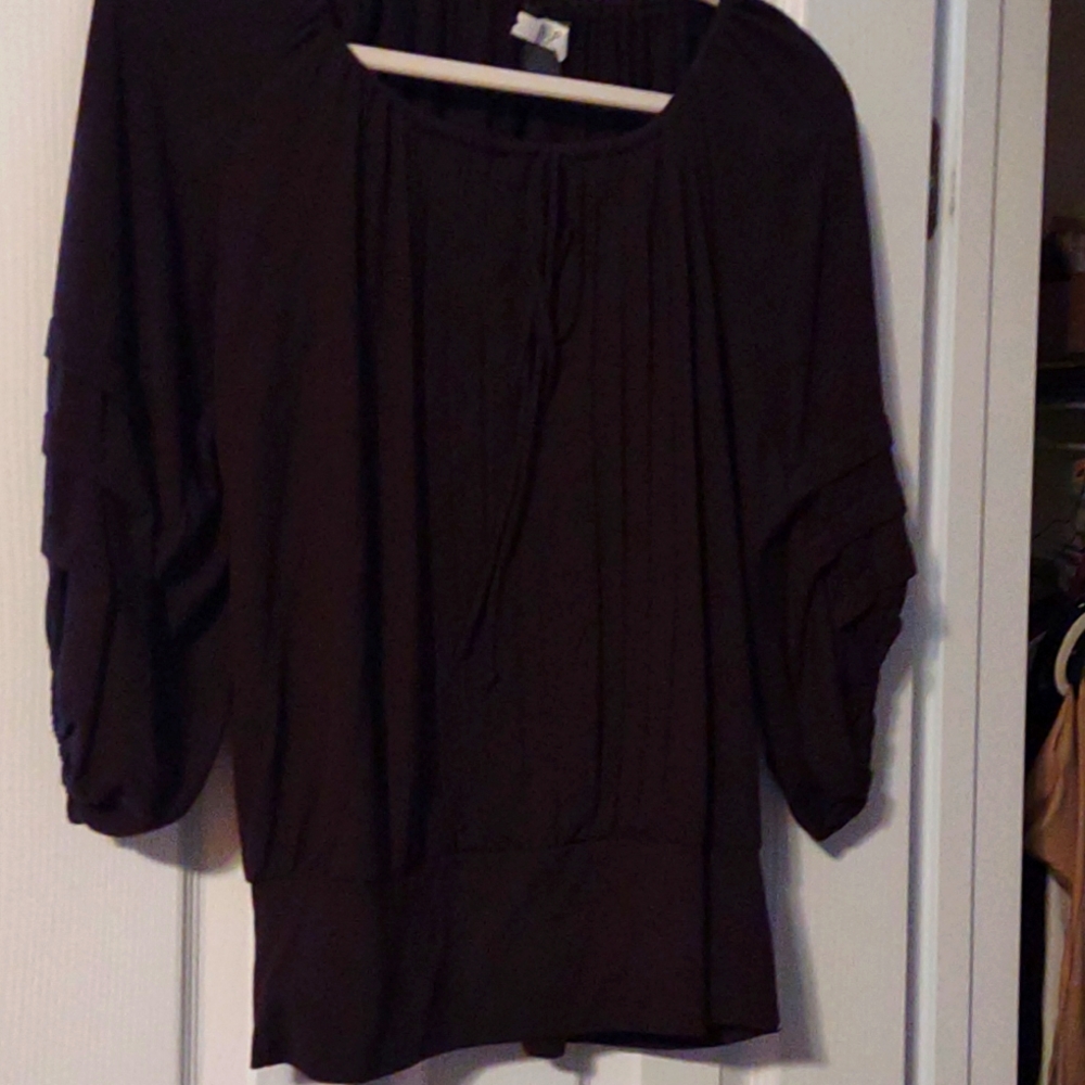 Brown Pheasant Blouse with 3/4 Sleeves~ Pleated Back .Pull Spring Front